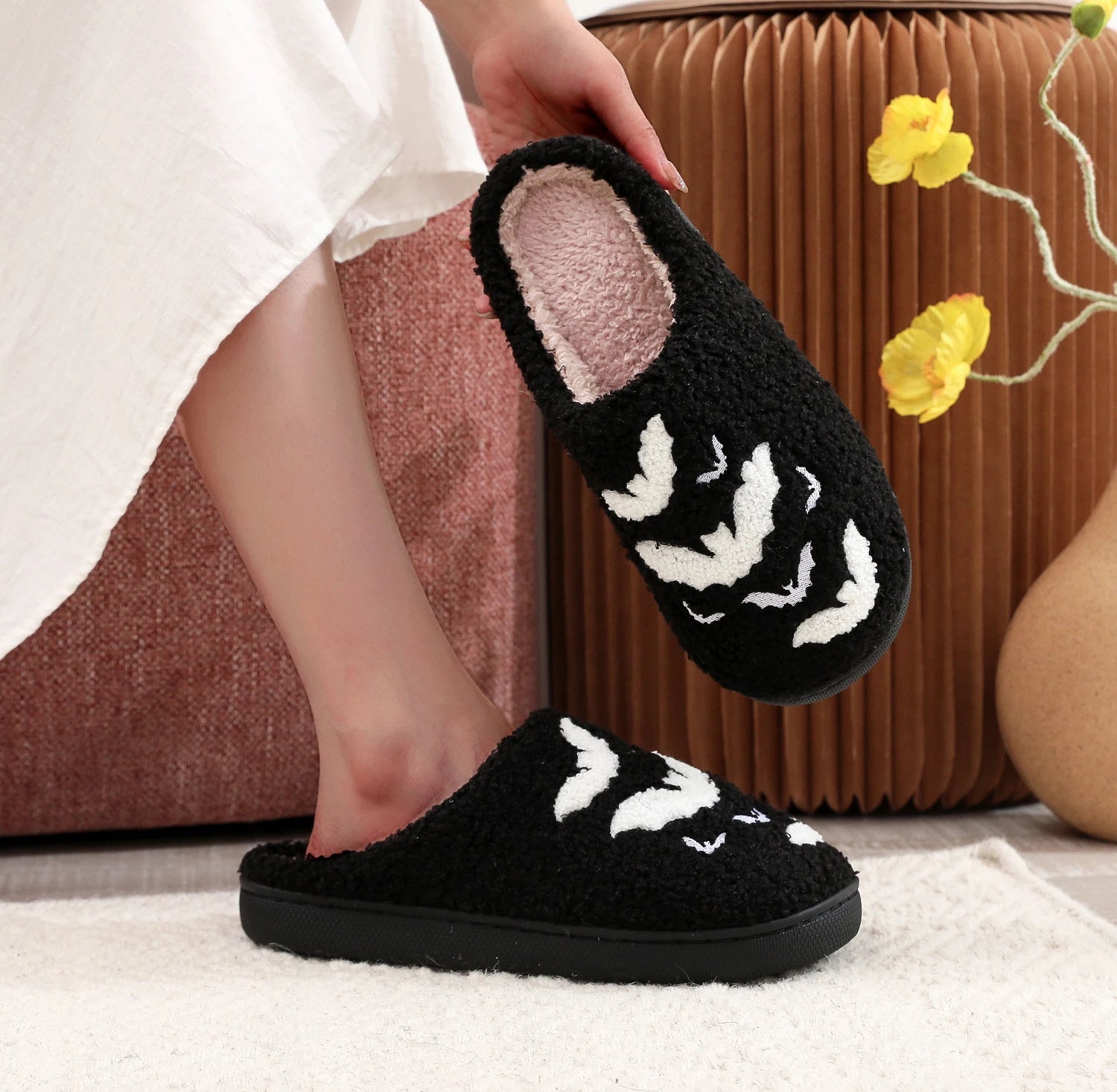 Black Halloween Bat Plush Slippers