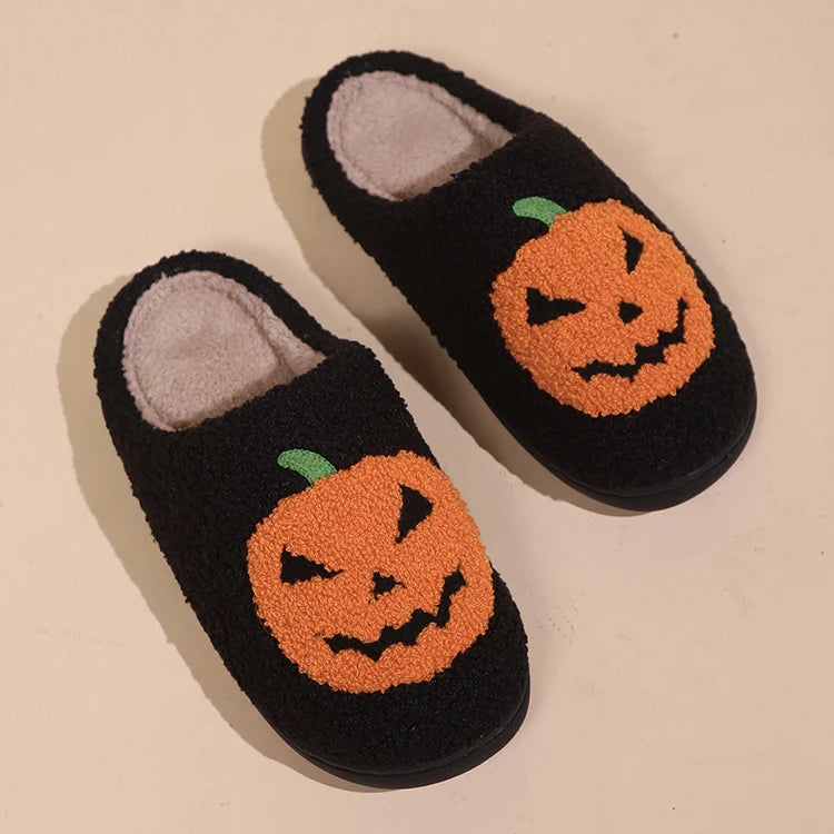 Black Halloween Pumpkin Plush Slippers