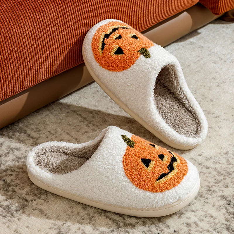 White Halloween Pumpkin Plush Slippers