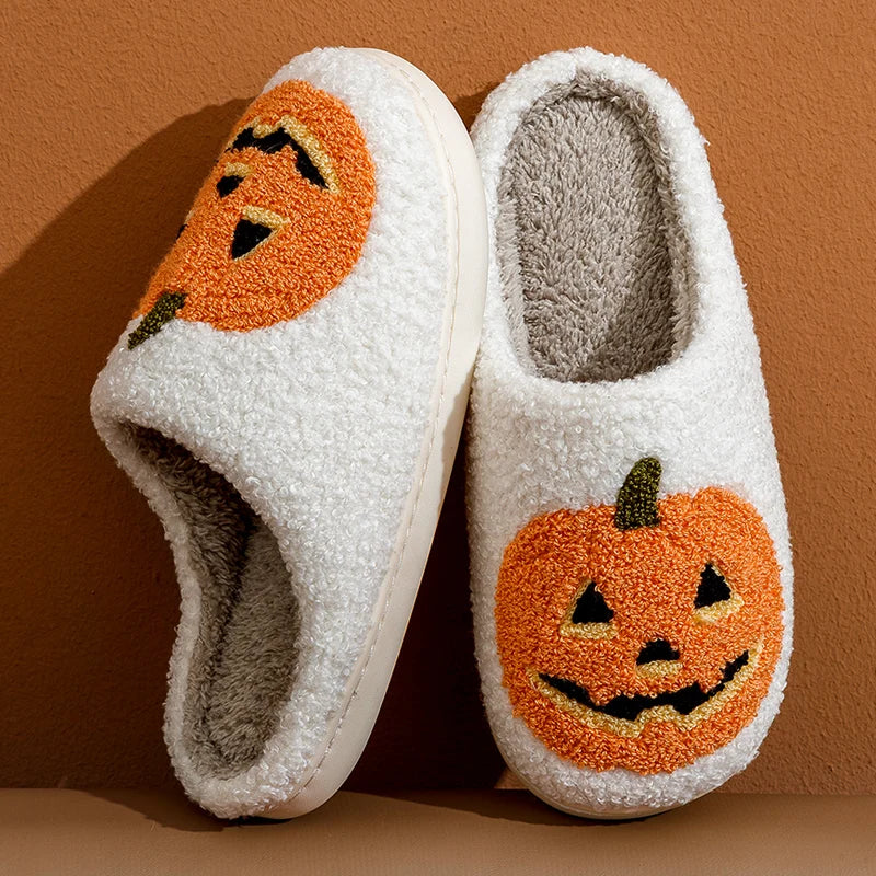 White Halloween Pumpkin Plush Slippers