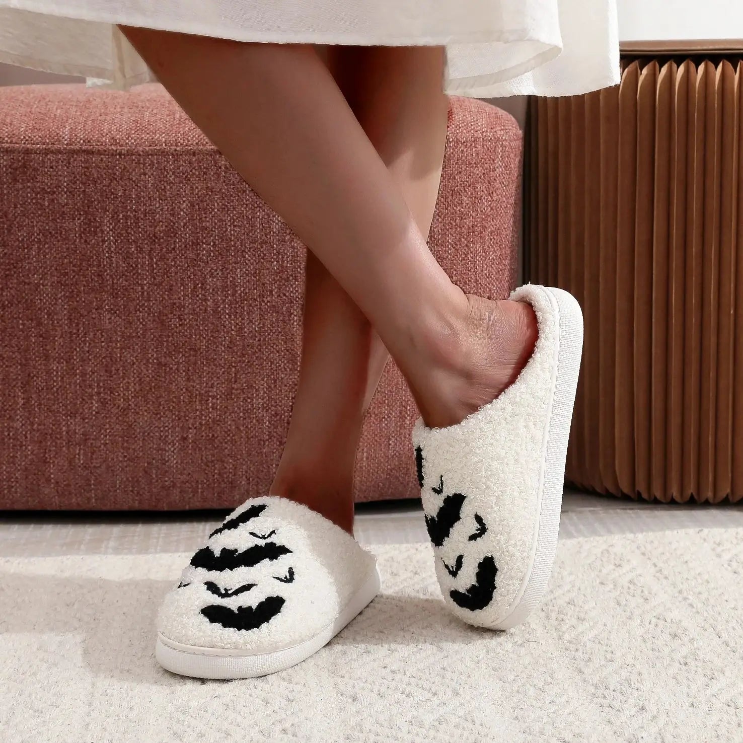 White Halloween Bat Plush Slippers