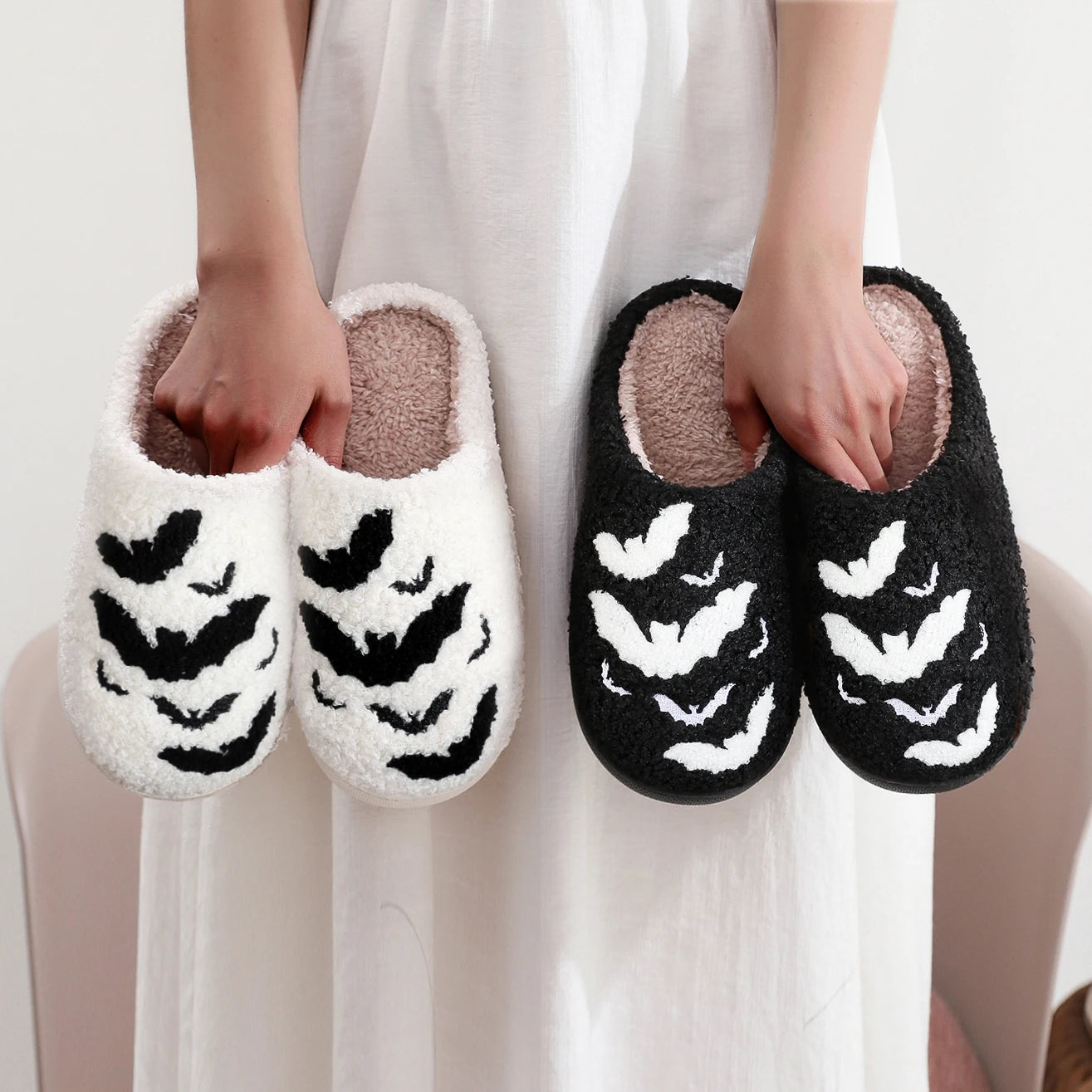 Black Halloween Bat Plush Slippers