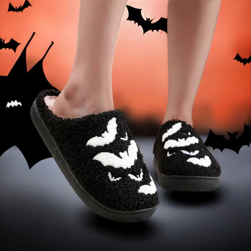 Black Halloween Bat Plush Slippers