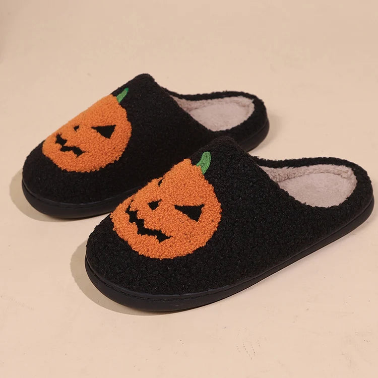 Black Halloween Pumpkin Plush Slippers