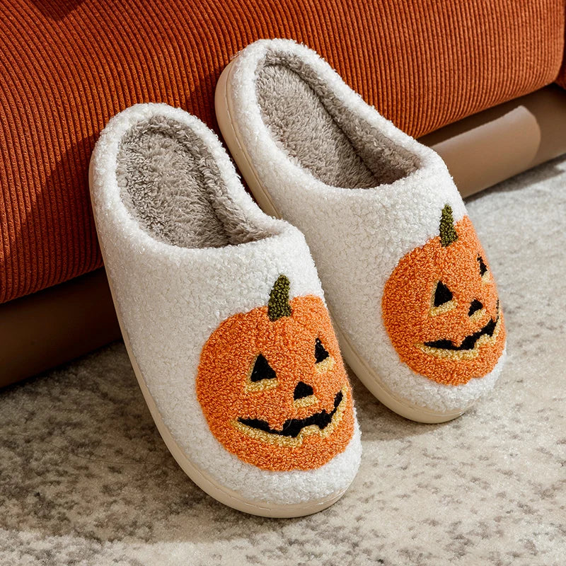 White Halloween Pumpkin Plush Slippers