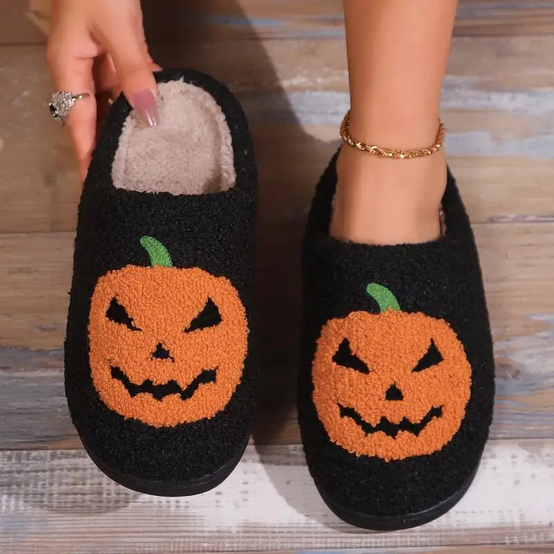 Black Halloween Pumpkin Plush Slippers