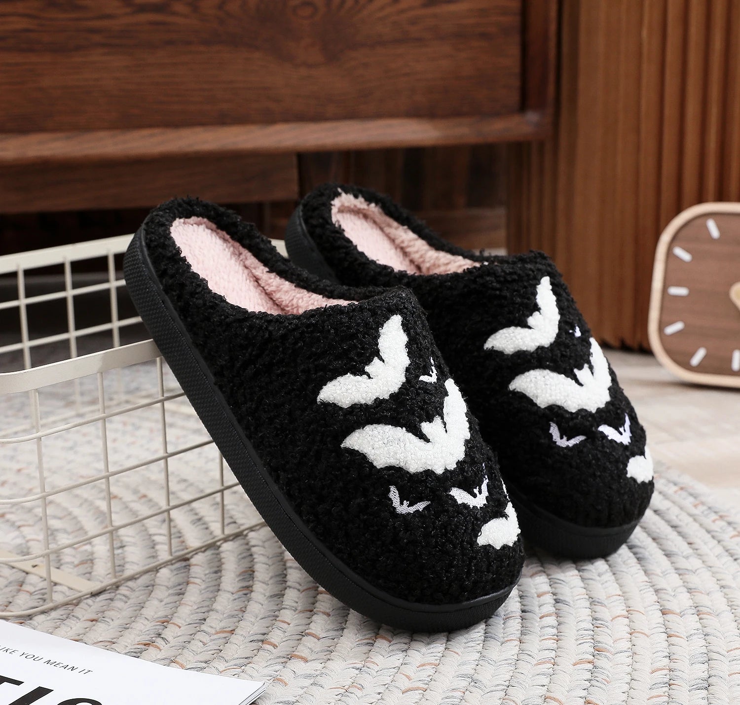 Black Halloween Bat Plush Slippers