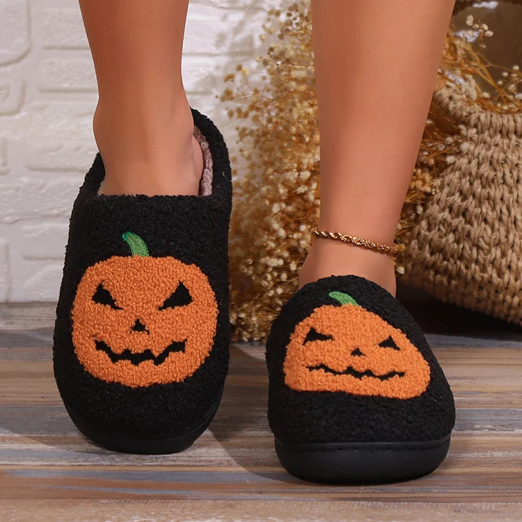 Black Halloween Pumpkin Plush Slippers
