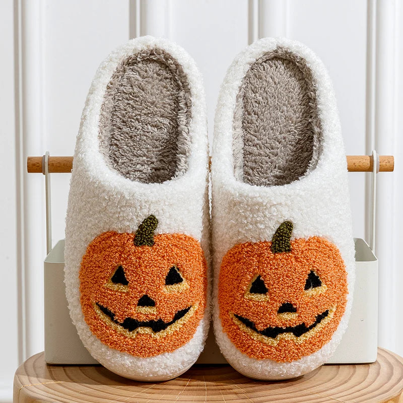 White Halloween Pumpkin Plush Slippers