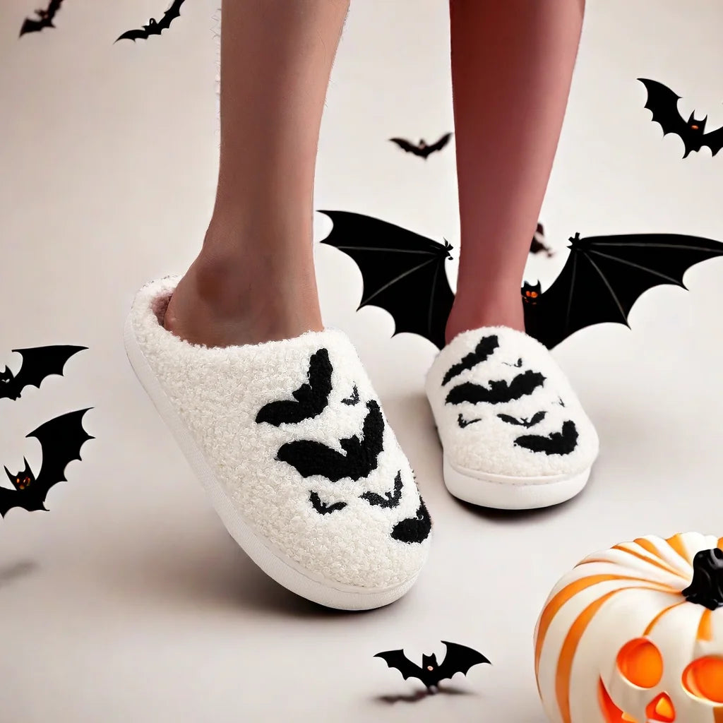 White Halloween Bat Plush Slippers