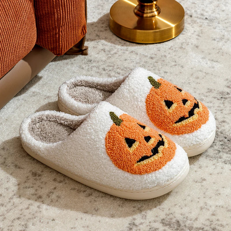 White Halloween Pumpkin Plush Slippers