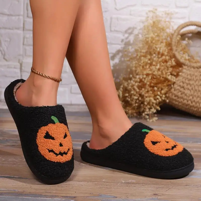 Black Halloween Pumpkin Plush Slippers