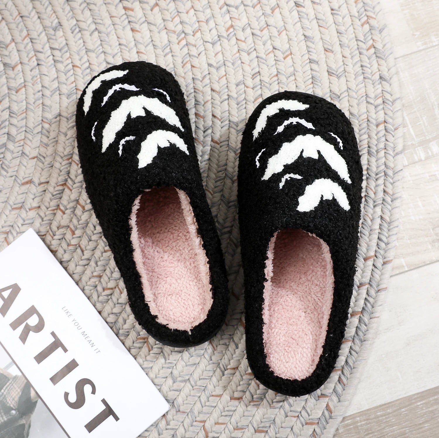 Black Halloween Bat Plush Slippers